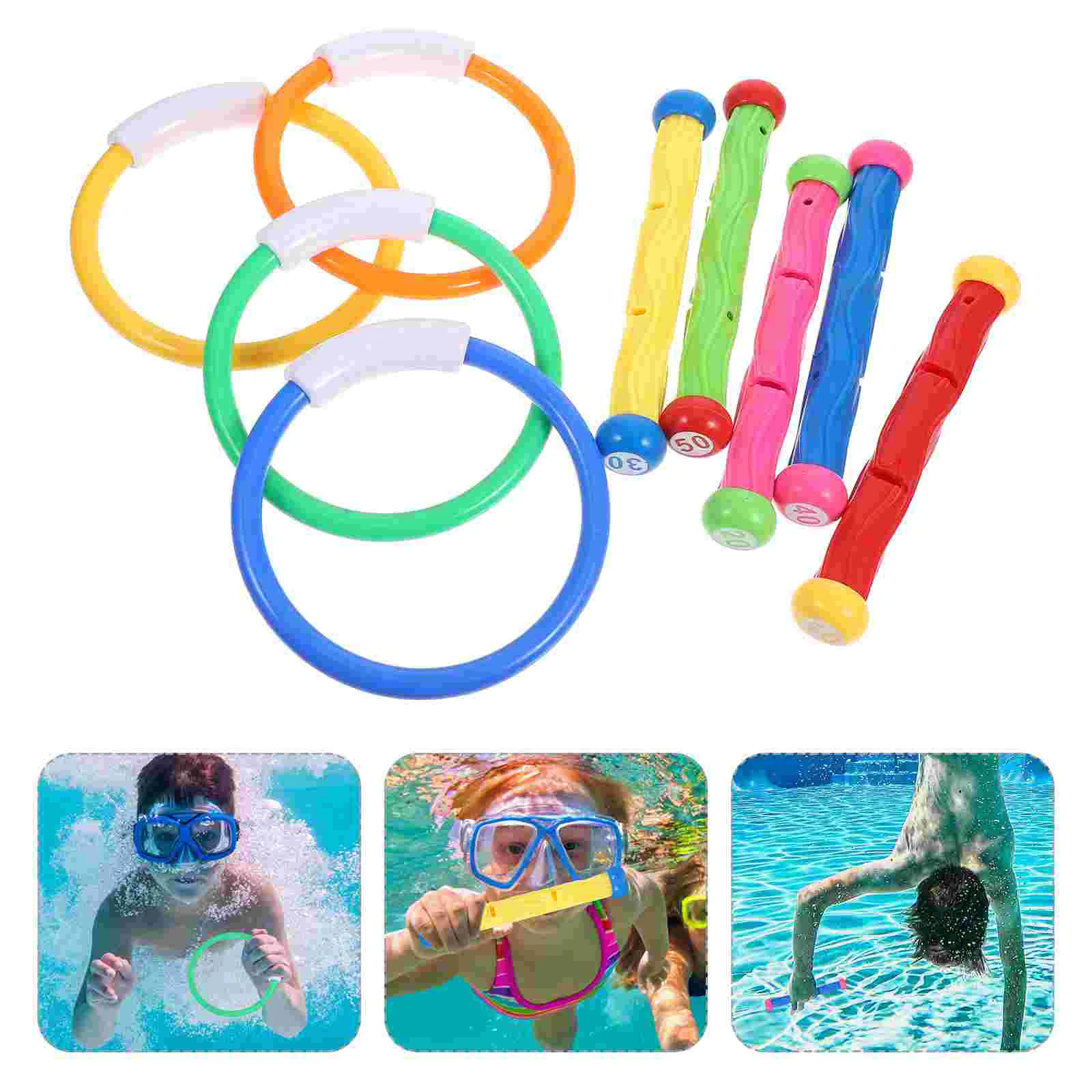 

9 Pcs Diving Play Set Pool Toys for Kids Ages 4-8 Swimming Stick Dive Sticks Plastic Baby Party The Ring