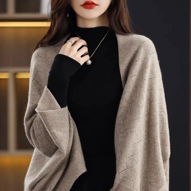 High Luxury Wool Knitted Shawl Scarf Dual-purpose Spring Autumn New Solid Color Loose Versatile Cardigan Sweater Outerwear Cape