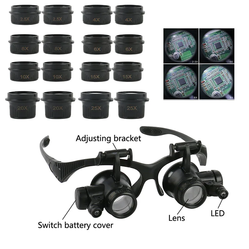 Lente Óptica Lupa de Vidro para Relojoeiro Lupa Led Headband para Reparo de Jóias 2.5x 4x 6x 8x 10x 15x 20x 25x