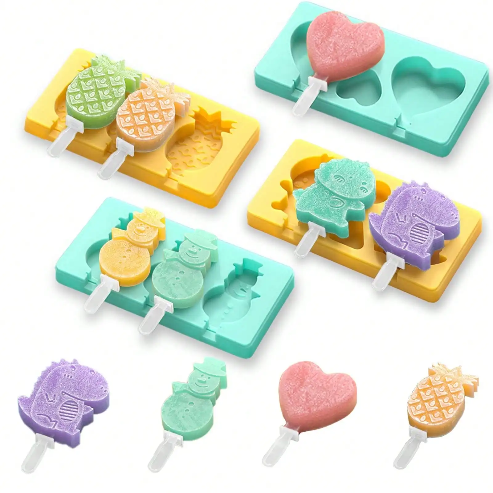 

Cartoon Popsicle Molds - 4 Pack, 10-Cavity Silicone Ice Pop Cream Molds, With Reusable Sticks, Non-Stick Flat Design, Easy Release, Stackable For Space Saving
