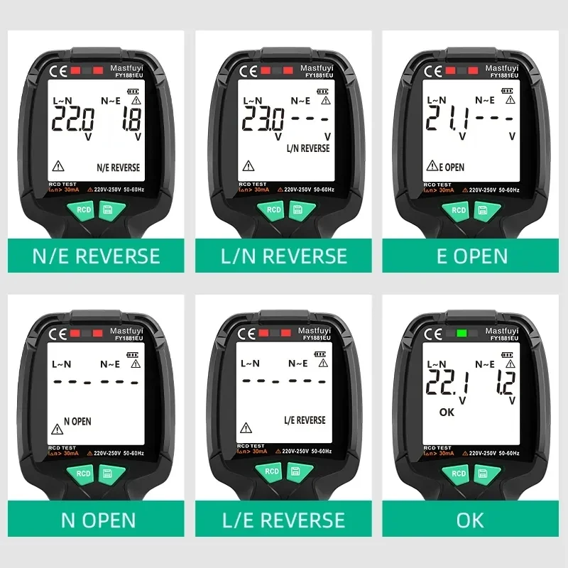 MASTFUYI Socket Tester Full Screen Ground Zero AC Voltage Tester 30V-250V RCD Test Plug Polarity Phase Check EU/US/UK Plug