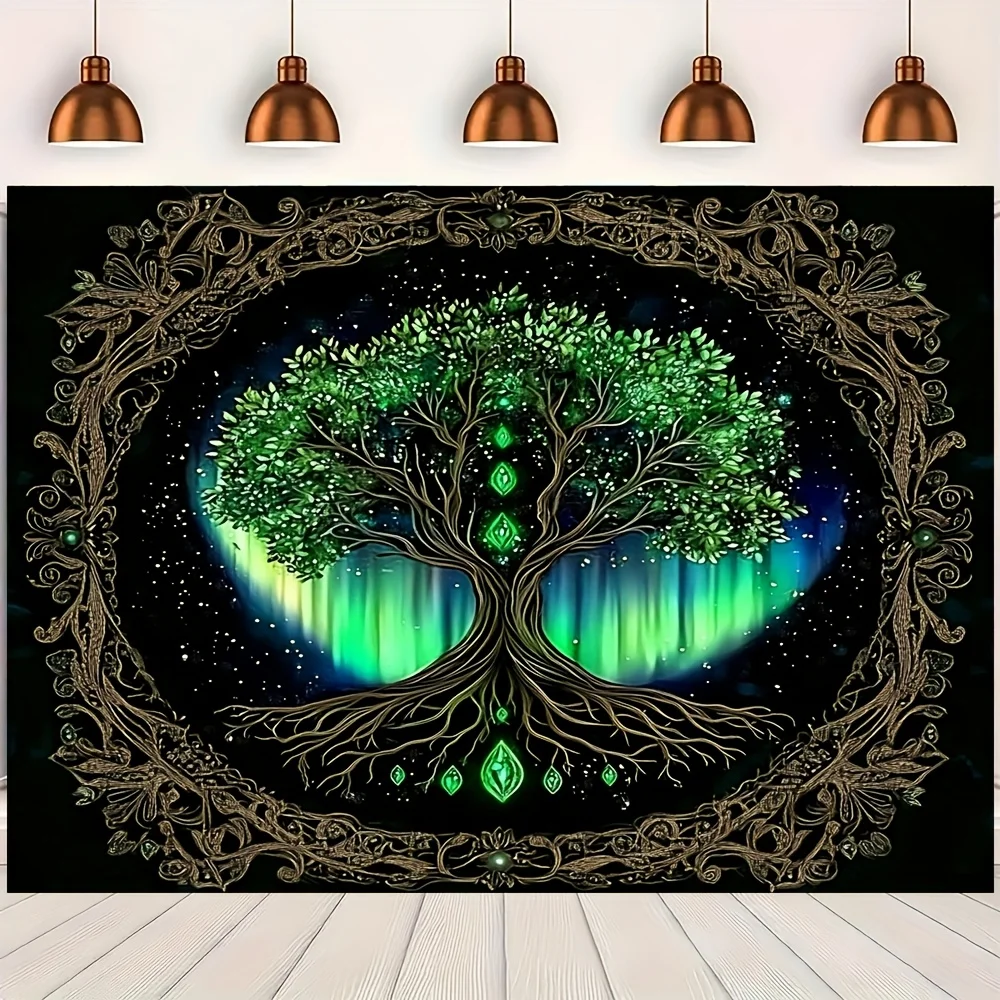 Böhmischer grüner Blatt-Mandala-Wandteppich, mystischer Baum des Lebens, Design Aurora, Sternennacht, Polyester-Wandbehang für Meditation, Zuhause