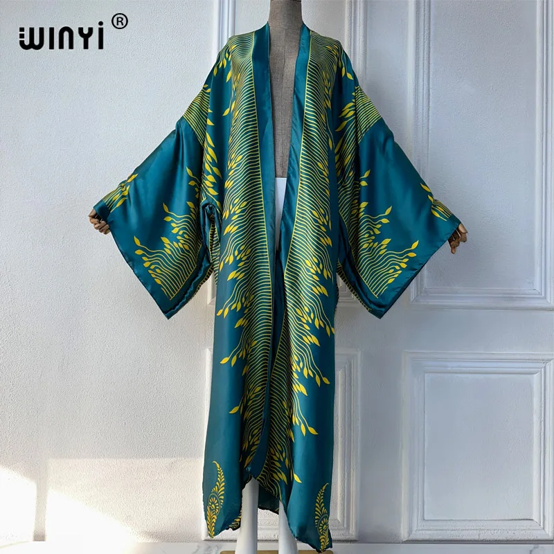 WINYI letni strój kimono afryka elegancki nadruk okrycie plażowe sukienka maxi swetry rozpinane odzież plażowa kobiety 2024 abaya dubaj luksusowy