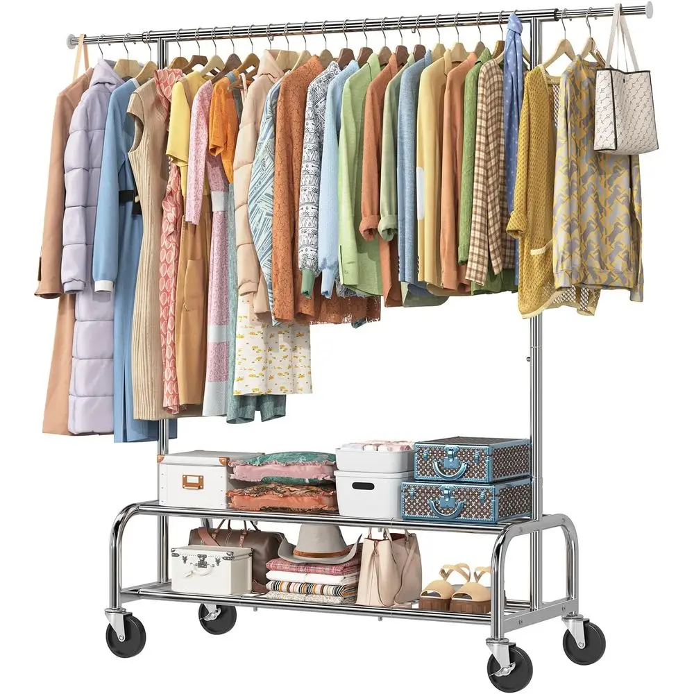 

Heavy Duty Clothes Clothing Rack for Hanging, Rolling Garment Rack with Shelves Load 500 LBS, Chrome