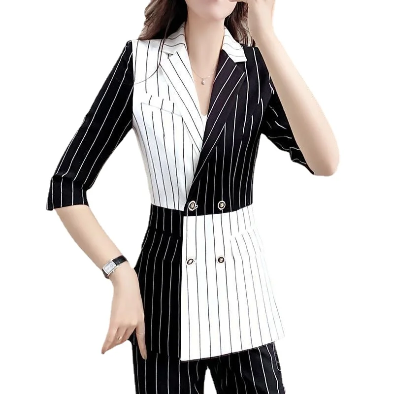 Fashion suit women black and white contrast color striped small suit two-piece women's temperament professional wear