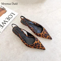 Mrxmus 2024 New Women Summer Fashion Horsehair Leopard Print Sharp Pointed Low Heels Sandals Elegant Temperament Shoes Female