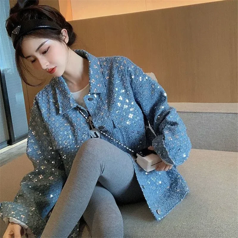 Spring Autumn Sequin Denim Jacket Women 2024 New Fashion Loose Casual Coat Vintage Coat Pure Colour Blue Outerwear Female