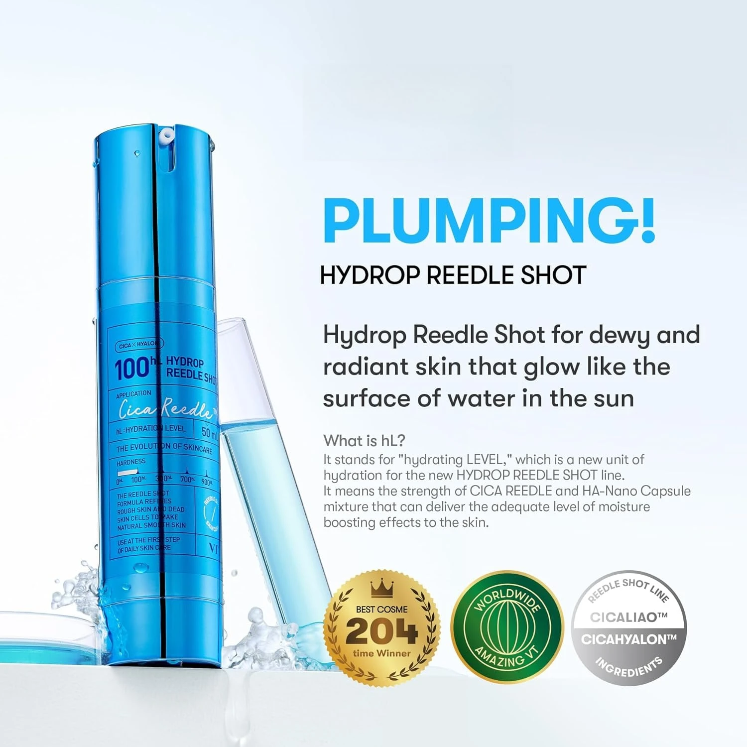 Hydrop Reedle Shot 100hL, Hyaluronic Acid Microneedling Serum, Intensive Hydrating & Moisturizing Exosome, Soft & Glass Skin