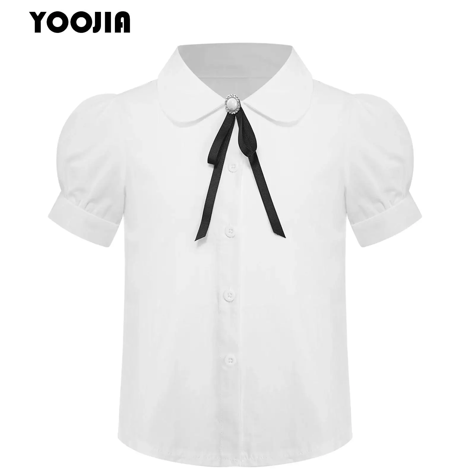 

Summer Sweet Girls White Shirt Cute Puff Short Turn-Down Collar Bowknot Japanese School Girls Blouse Button Kids Casual Tops