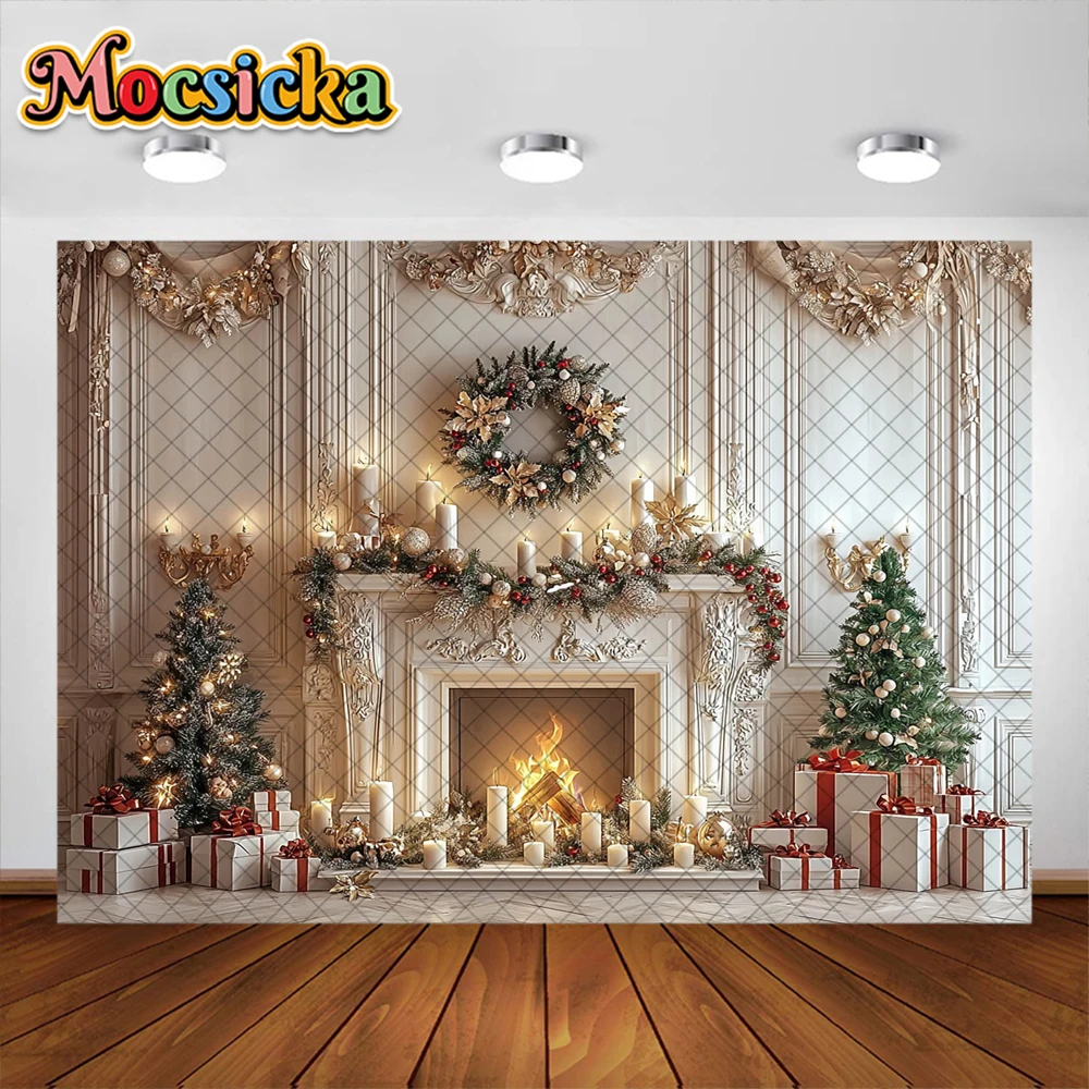Fondo de fotografía de Navidad, árbol de Navidad, chimenea, guirnalda, suministros de decoración, retrato familiar, fondos de fotos, accesorios de estudio