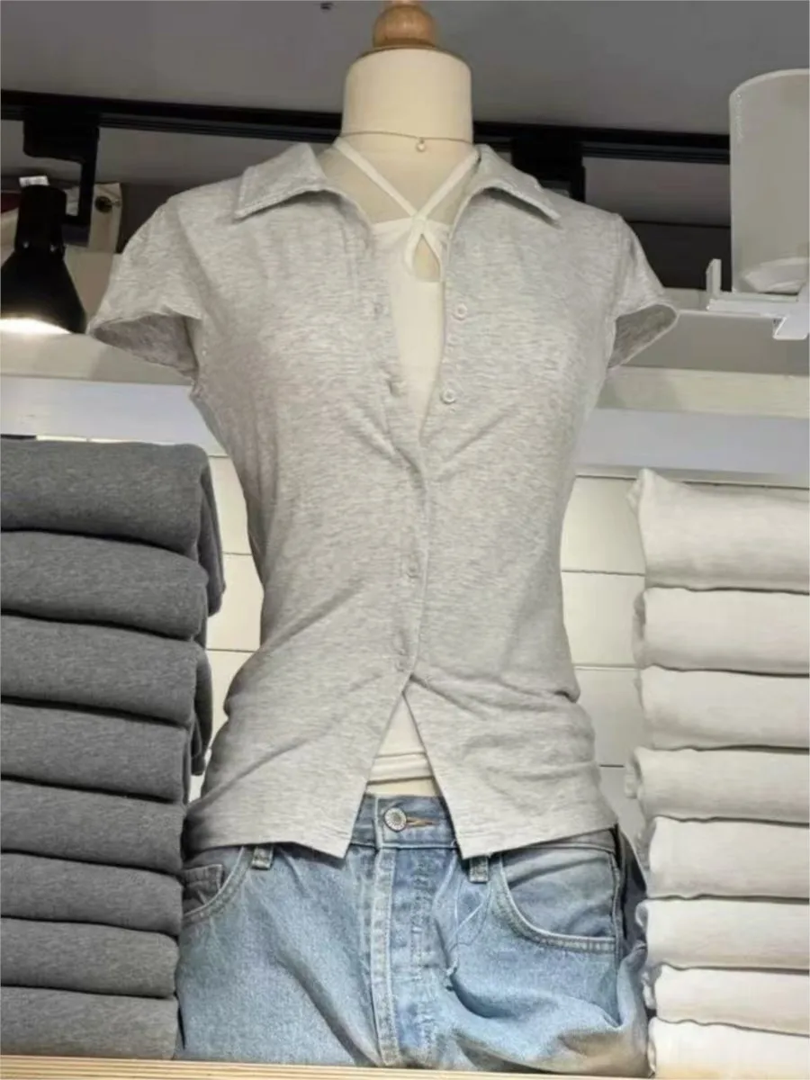 Simples cinza algodão macio manga curta camisetas femininas verão turn down collar estilo preppy topos blusa doce chique all-match camisetas