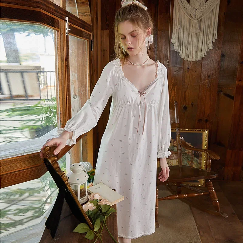 

Women Sweet Long Nightgown Fairy White Print Lace Long Nightdress Princess Sleepwear Nightwear Vintage Sexy V Neck Night Dress