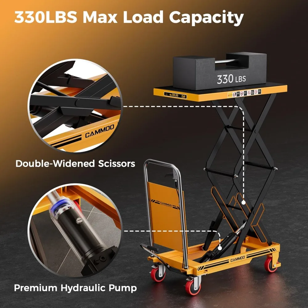 Hydraulic Lift Table Cart, 330lbs Capacity 49.6 Lifting Height, Double Scissor Lift Table with Non-Slip Pad & Safety Guard for M