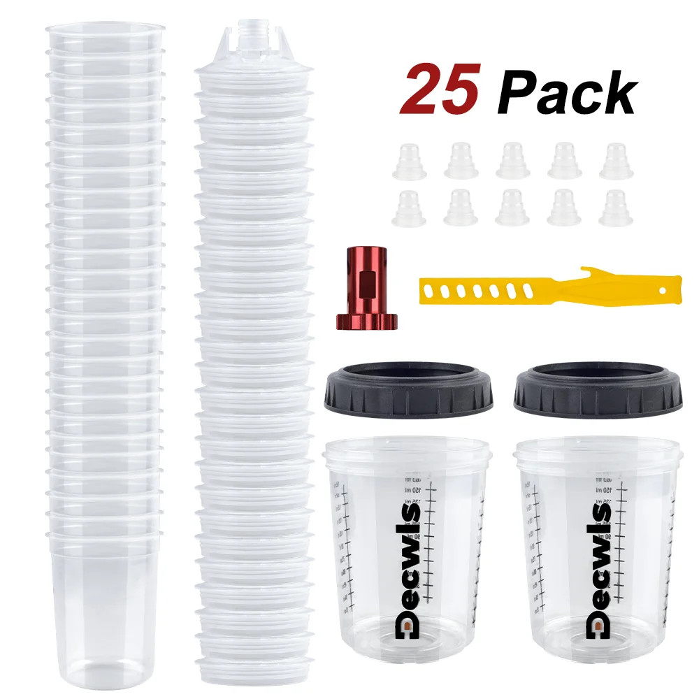15/25Pcs Spray Gun Paint Mixing Cup H/O Quick Cup Spray Gun Tank 5.5 Oz/165ML Disposable Paint Cup with Spray Gun Cup Adapter