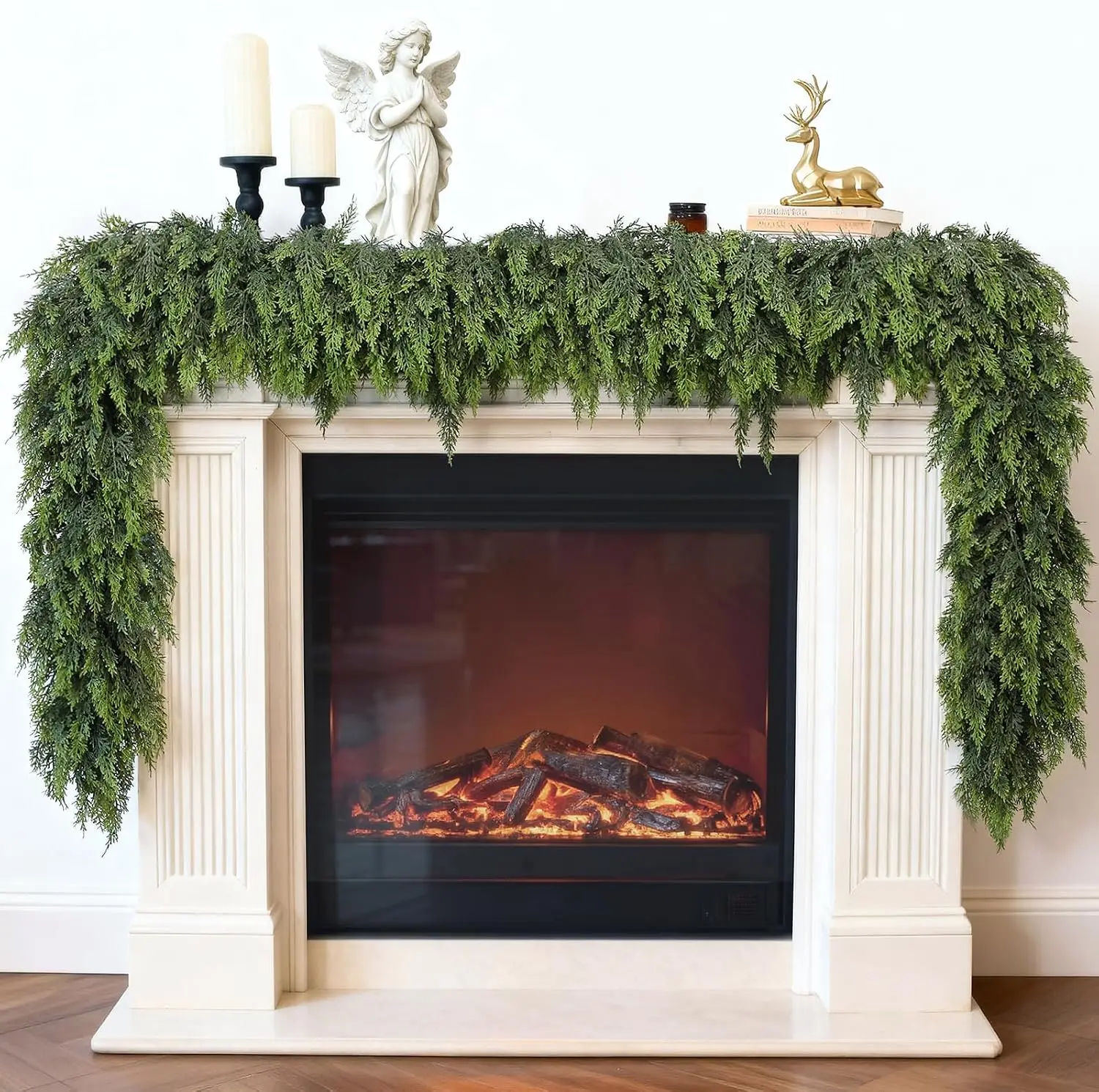 Lifelike Touch Artificial Christmas Cedar Garland for Mantle (9FT 2PCS) | Realistic Faux Pine Needles Garland Fake Greenery Garl