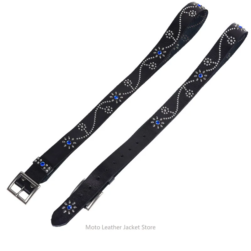 New Vintage Western Cowboy Punk Belt for Women, Heavy Industry Blue Rhinestone Inlay, Rivet Decor Fashion Leather Waistband