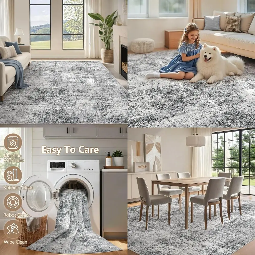 Stylish 9x12 Non-Slip Area Rug: Modern Abstract Design, Soft Neutrals, Thin & Stain Resistant Carpet for Living Room