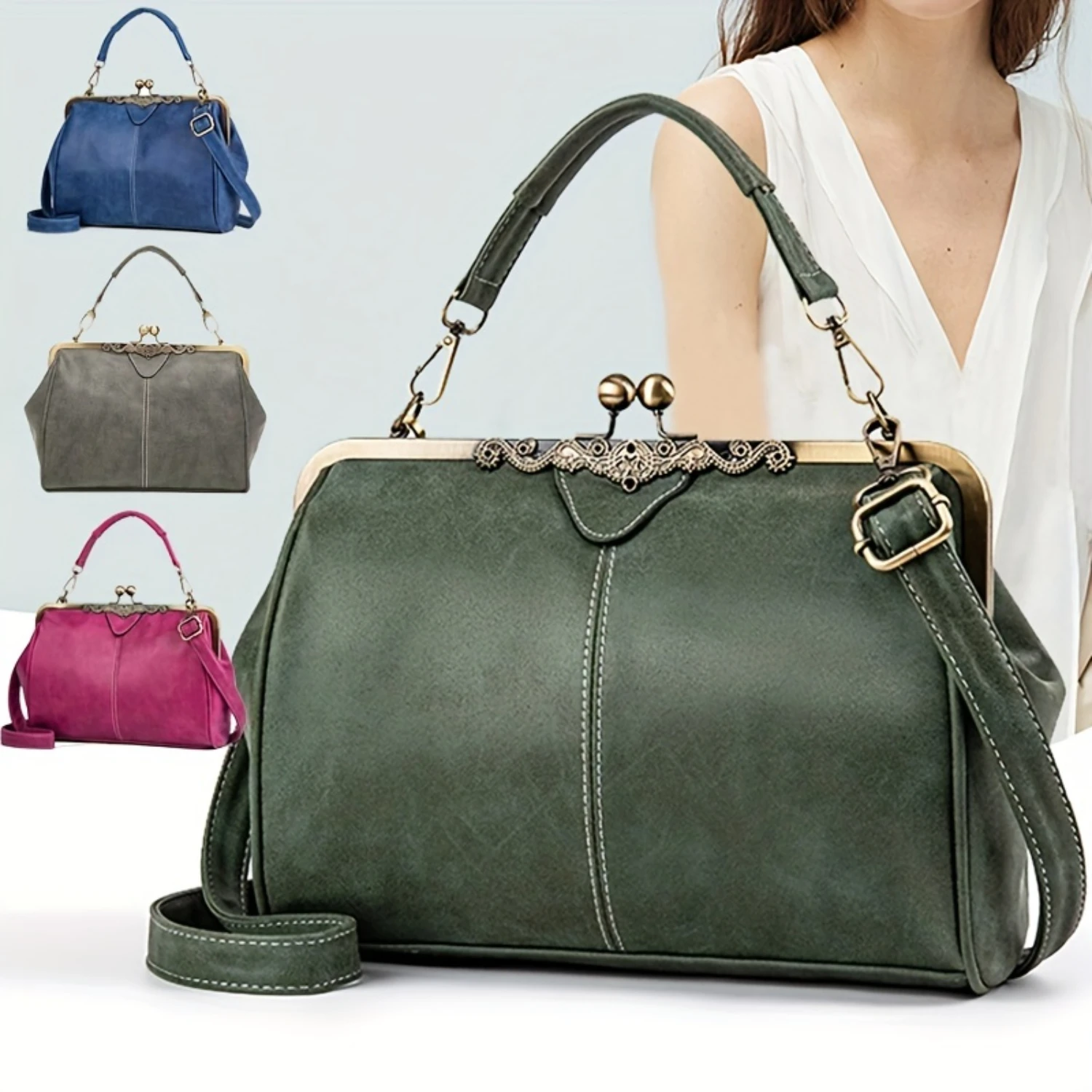 

Retro Handbag With Kiss Lock, British Style Crossbody Bag, Women Clip Purse With Top Handle