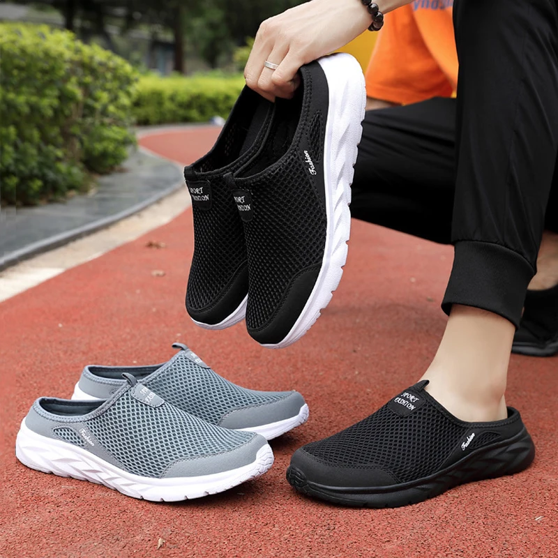 

Mens Summer Mesh Slip On Sandals Lightweight Breathable Outdoor Casual Walking Shoes Soft Sole Flat Mules for Daily Comfort