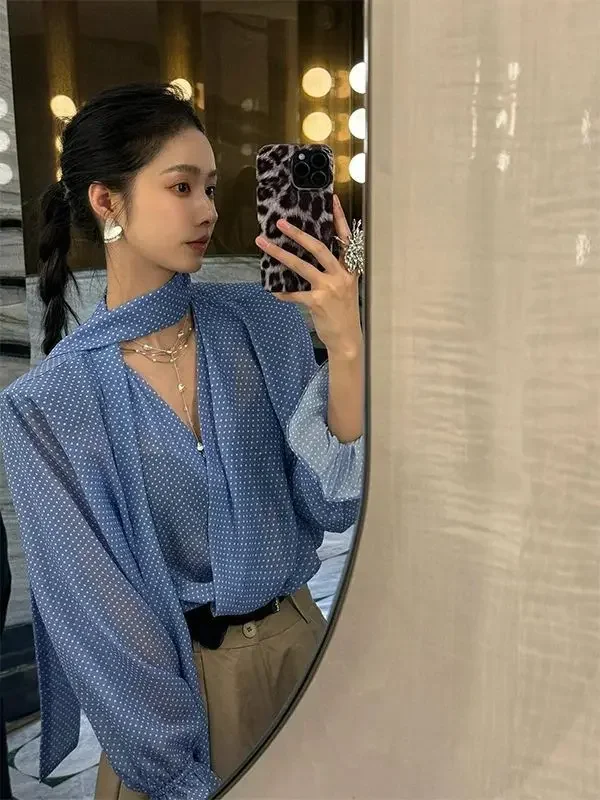 الكورية الموضة الأزرق البولكا نقطة الخامس الرقبة الشريط بلوزة شيفون المرأة الراقية مزاجه عادية مايكرو شفافة الإناث القمم