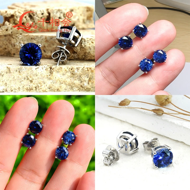 مختبر خلق الأزرق الملكي/زهرة الذرة الأزرق الياقوت الأذن مربط 5-9 مللي متر مع الشامل شكل دائري S925 الفضة أقراط مجوهرات #6