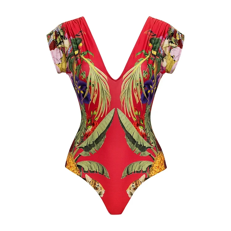 Women Red Leopard Printed One Piece Swimsuit and Cover up  2024 New 2PCS Bathing Suit Swimwear