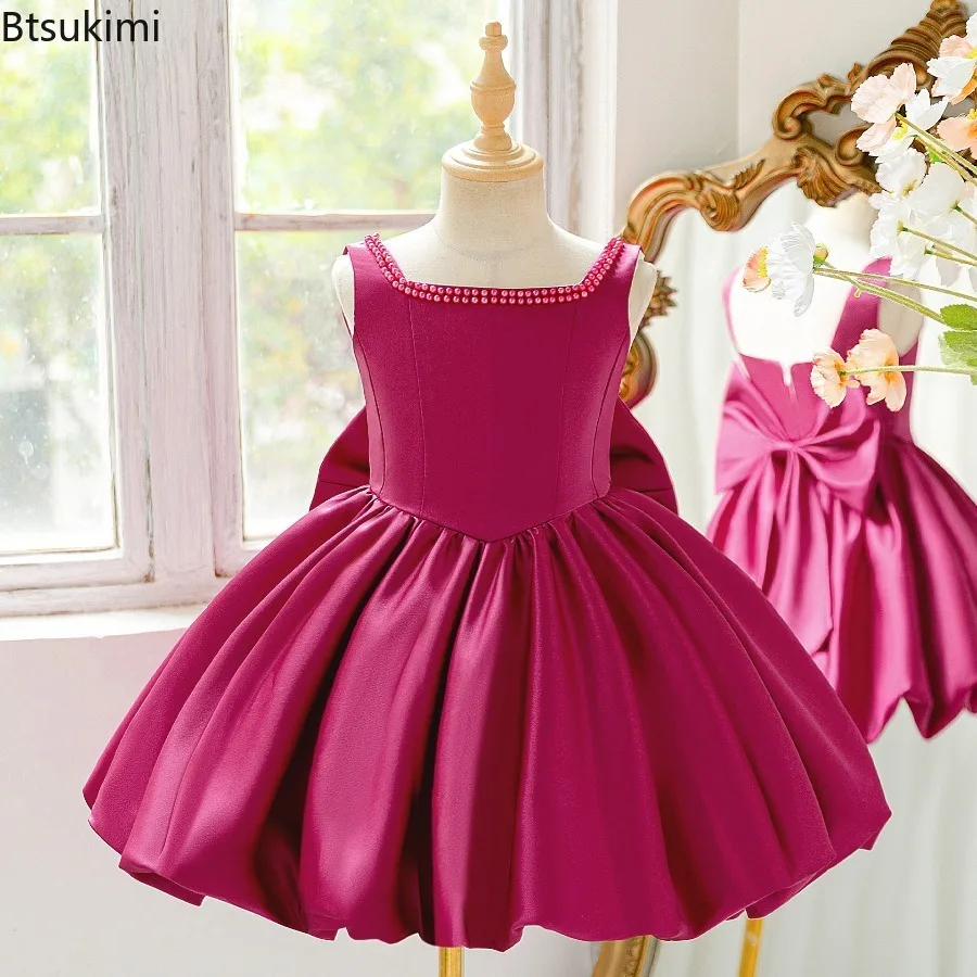 Elegant Big Bow Tutu Party Girls Dress Lolita Wedding Bridesmaid Baptism Princess Dresses Girl Summer Birthday Evening Prom Gown
