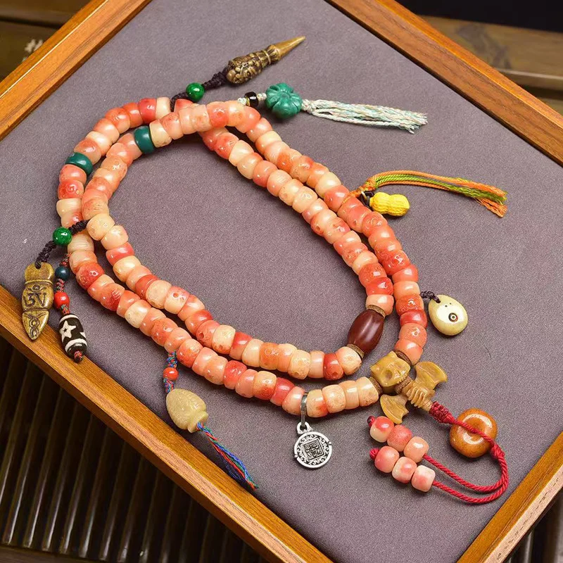 نصف نحت الدم الأمعاء الغليظة 108 حبات العقيق الأحمر المغذية الياك العظام الملحقات