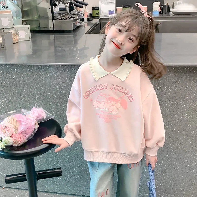 

2025 Spring Autumn Girl New Fashion Long Sleeved T-shirt Lapel Sweatshirt Korean Style Loose Tops Candy Color Children Clothing