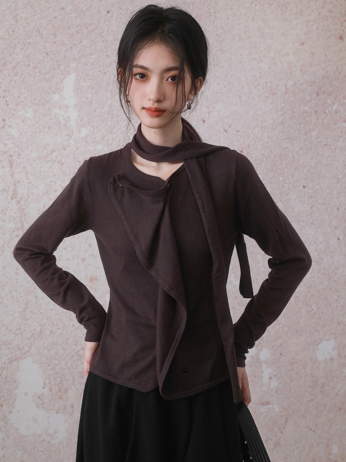 

Autumn Winter Irregular Knitted Top Browni Red Long Sve Regular Fit Polyester Nylon Acrylic Wool Blend Casual T-irt