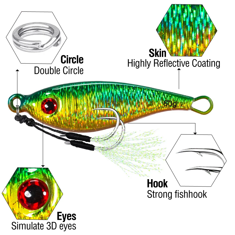 6Pcs Jig Slow Clamp 3D Eyes Fishing Lure Metal Jigging Casting Bait With Double Assist Hooks Luminous Lure For Outdoor Fishing