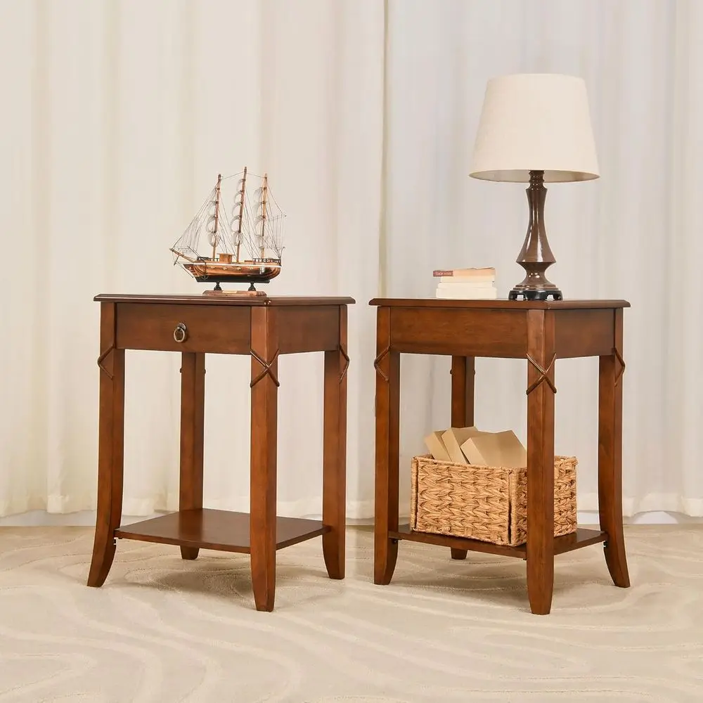 

2-Set Solid Wood End Table with Der, Beside Table, Nightstand, -Century ern uniture with Storage Shel, 19.7" x 15.7" x 27.6" Hig