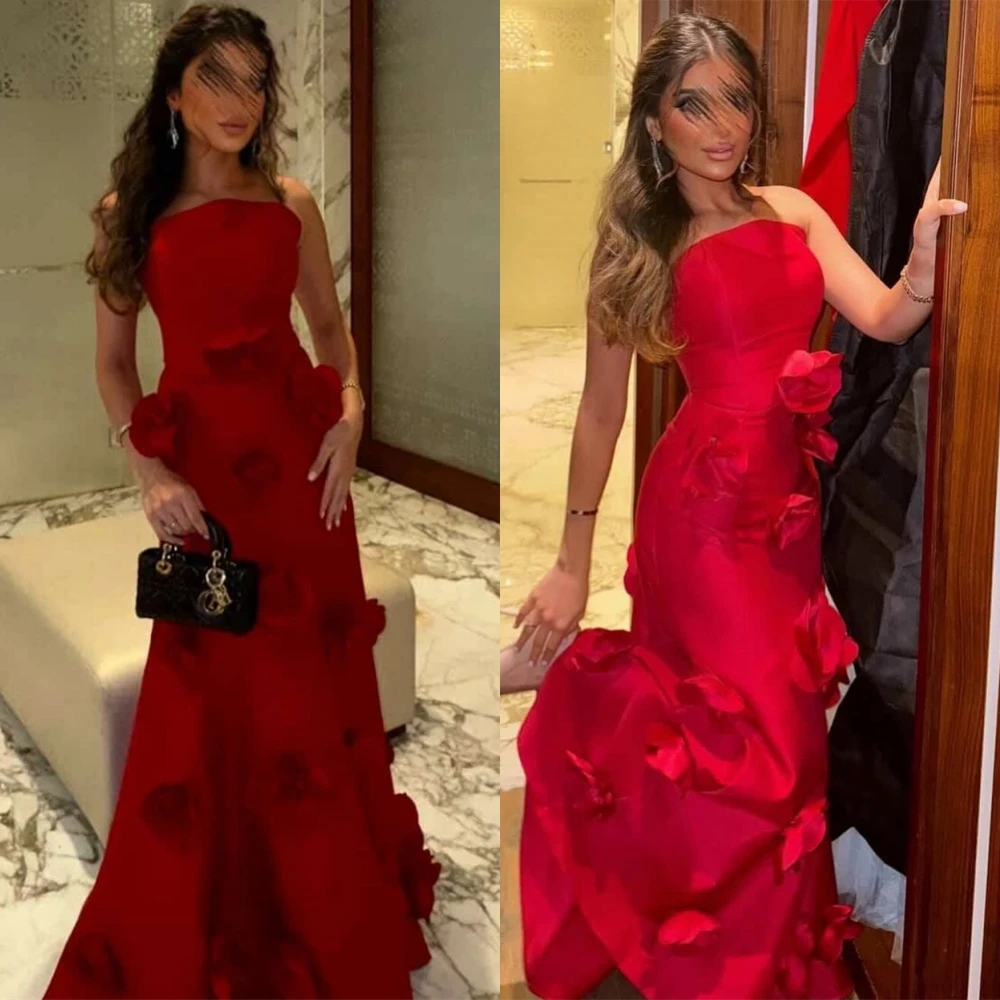 

Customized Exquisite Satin Strapless Evening Dress Graceful Sleeveless Cocktail Dress Delicate Flowers Special Occasion Gowns