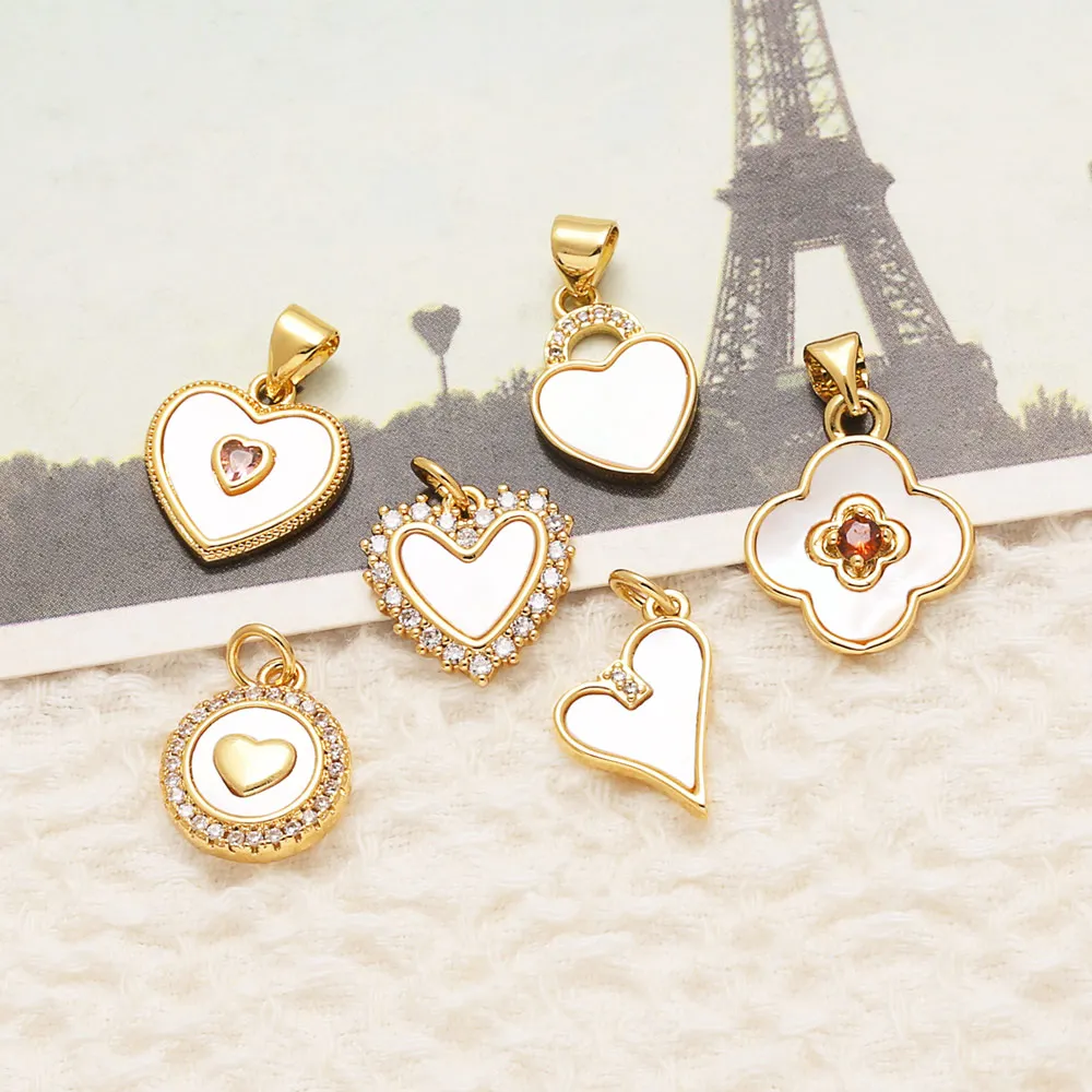 OCESRIO White Crystal Shell Heart Charm for Bracelet Copper Gold Plated Flower Handmade Jewelry Making component chma543