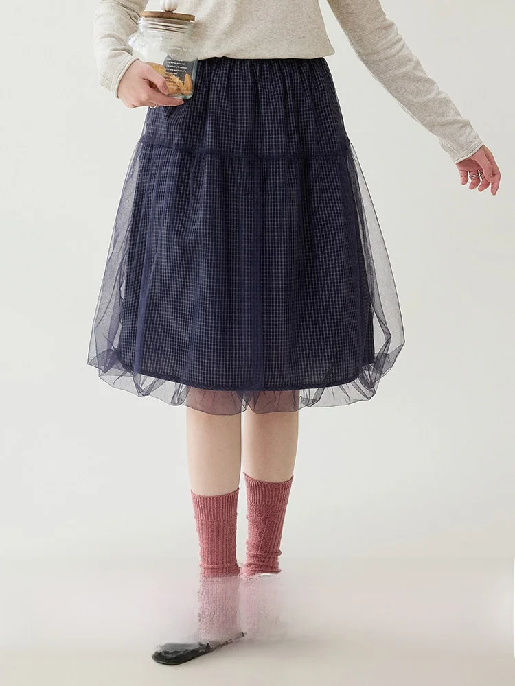

AMUU Original Korean Style Mesh Flower Bud Half Skirt Women's Spring 2026 Plaid Puffy Skirt High Waist Loose Fit A-Line