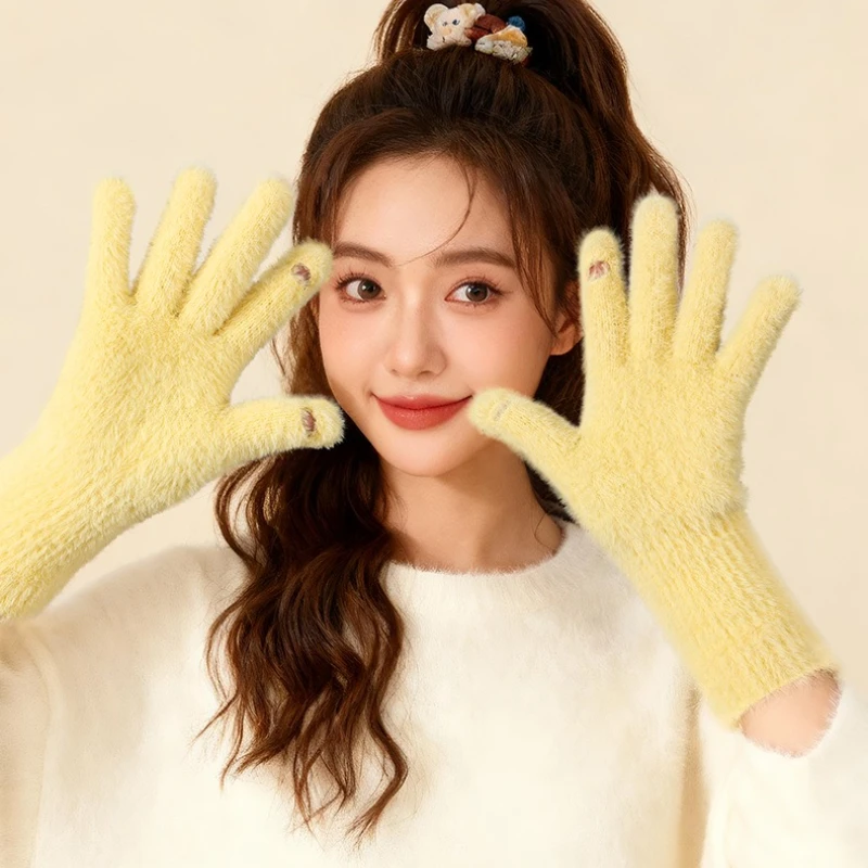 2025 Autumn and Winter Warm Gloves Girls Cute Outdoor Cycling Windproof Cold Flip Finger Touch Screen Thickened Plush Gloves