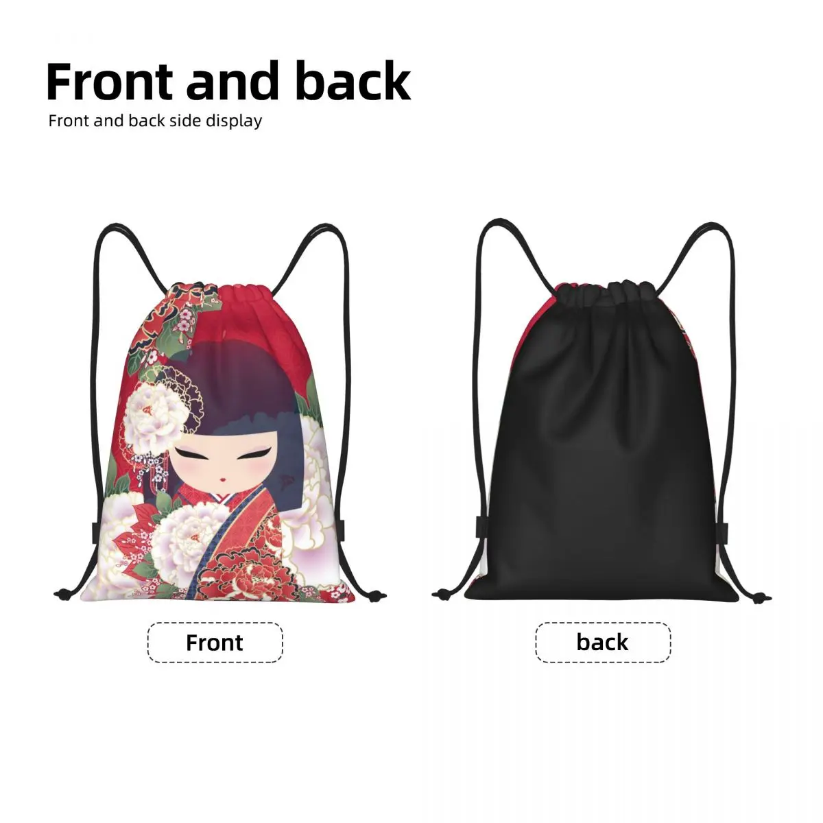 Kokeshi Doll Cherry Blossoms Drawstring Backpack Women Men Gym Sport Sackpack Foldable Japanese Girl Art Shopping Bag Sack