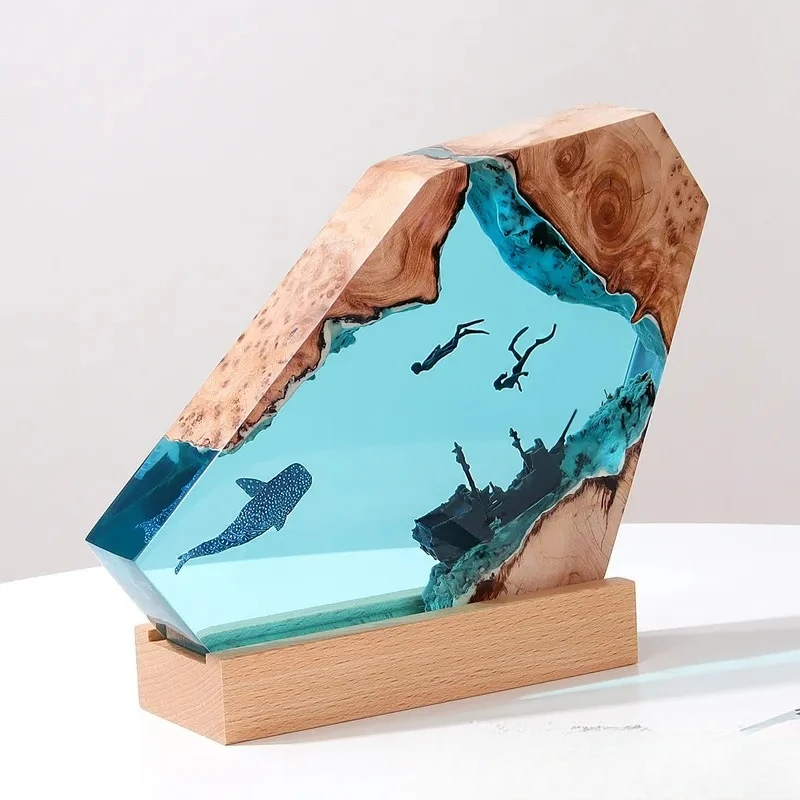for Shipwreck Shark Whale Ocean Art Ornament Solid Wood Resin Night Light Home Accessories Bedroom Office Desktop Gift
