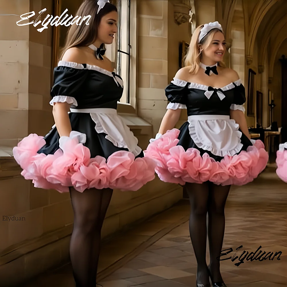 Rosa gerüschtes schwarzes Dienstmädchenkleid, kurzes Mini-Abschlussballkleid, schulterfreies Tutu-Ballkleid, Cocktailparty, Cosplay-Kostüm, individuell gestaltet
