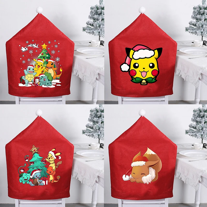 Чехлы-на-стулья-с-изображением-Покемона-Санта-Клауса-рождественские-рождественские-шапки-с-принтом-Пикачу-милые-шапки-с-героями-мультфильмов-для-кухни-столовой-украшения-для-дома-шапки-на-стулья