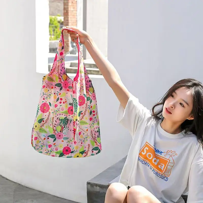 2026 Fashion Printed Nylon Single Shoulder Ultra Light Folding Eco friendly Storage Travel Shopping Bag Color