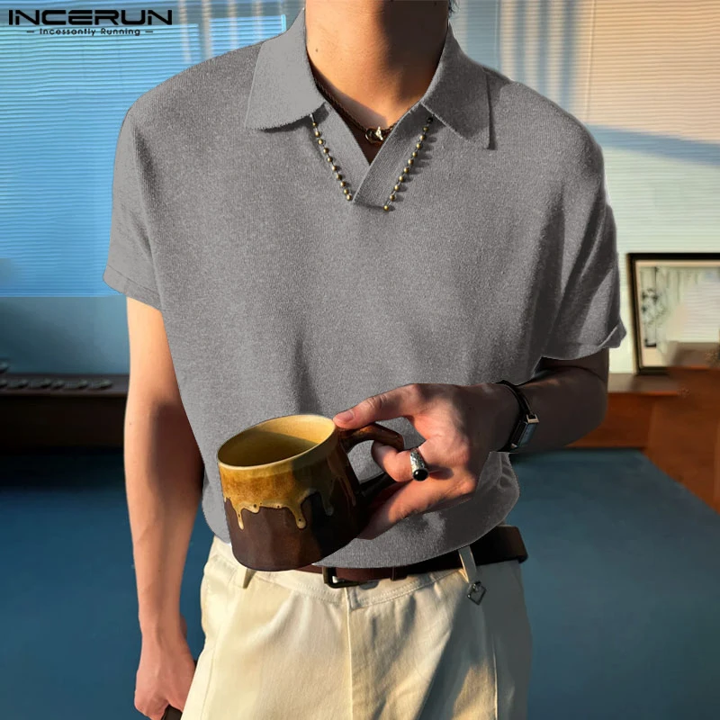 

INCERUN Мужская рубашка, однотонная, с лацканами, с коротким рукавом, свободная мужская одежда, летняя уличная одежда, 2021, модные повседневные мужские топы в корейском стиле