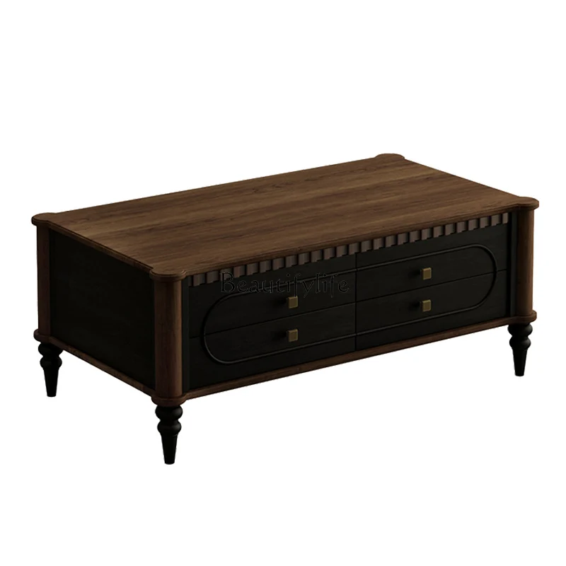 

Medieval style pure solid wood coffee table American retro storage French color matching coffee table advanced sense