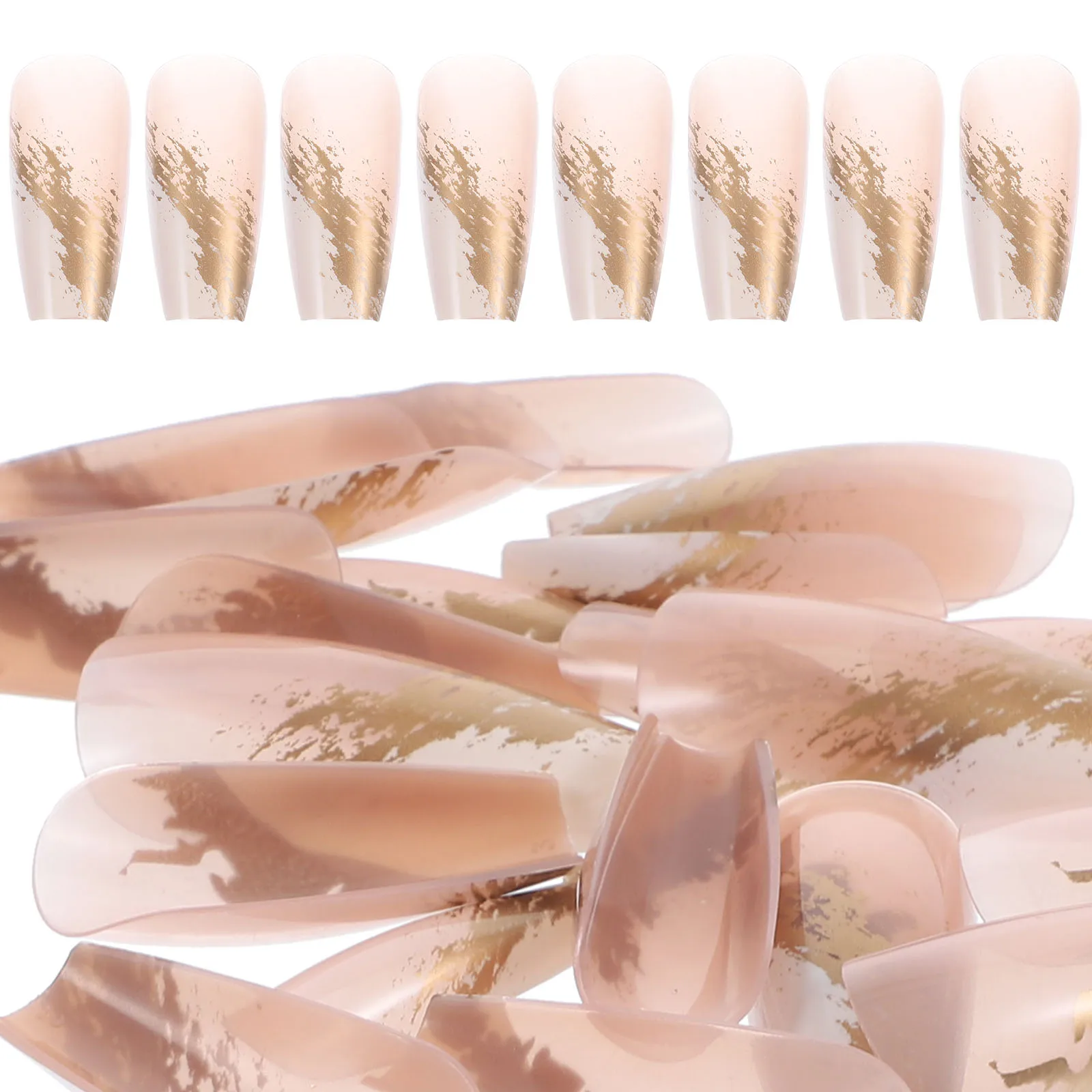 

1 set Gold Foil Nail Medium Length Press On Glue False Fingernails Women Manicure Supplies Party Nails Kit Nail