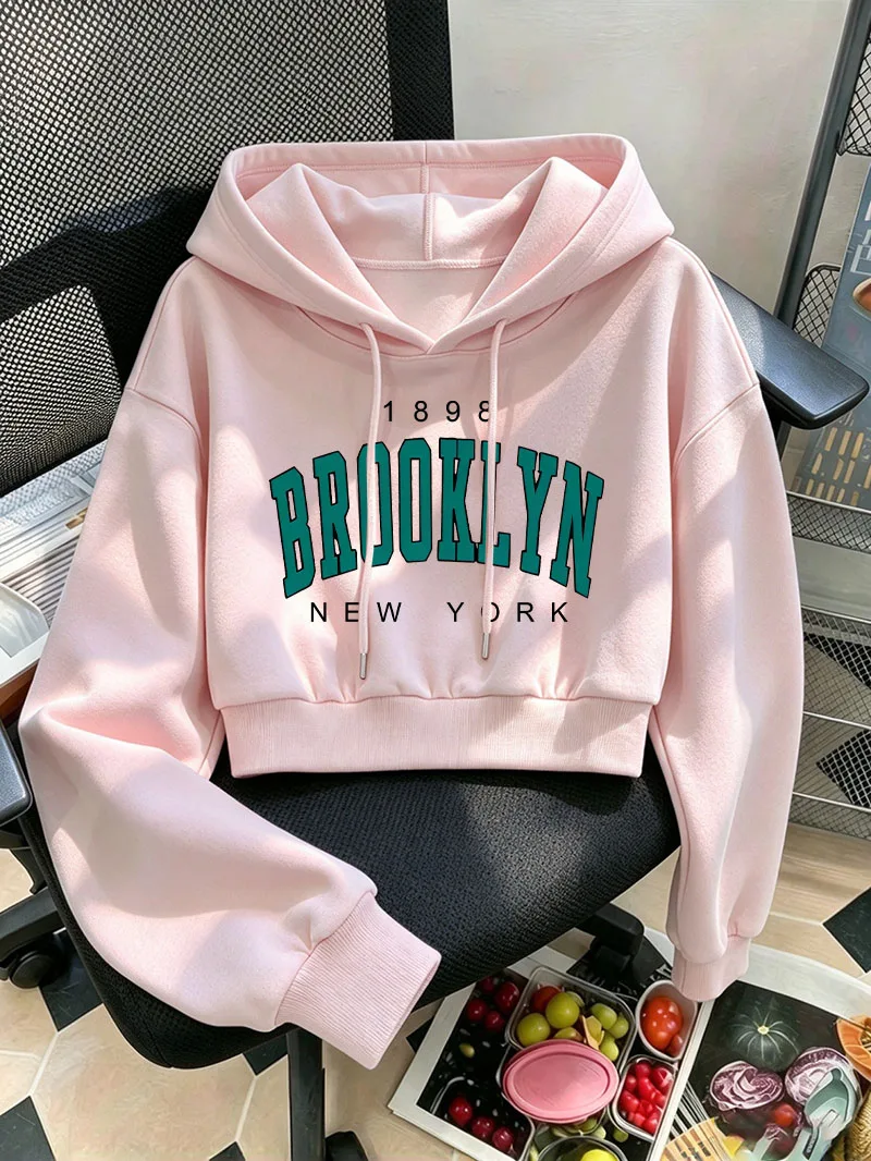 Sweatshirt Autumn Winter Cropped Sweatshirt Crop Top Hoodie 1898 BROOKLYN NEW YORK Y2k Sweatshirts Korean Casual Style Clothes