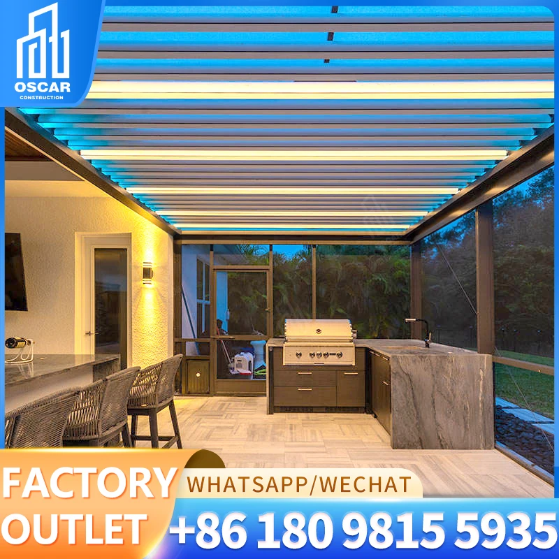 Eco House Bioclimatic Motorised Patio Pergola Terrace With Glass Sliding Doors Outdoor Waterproof Patio Pergola Roof Blades