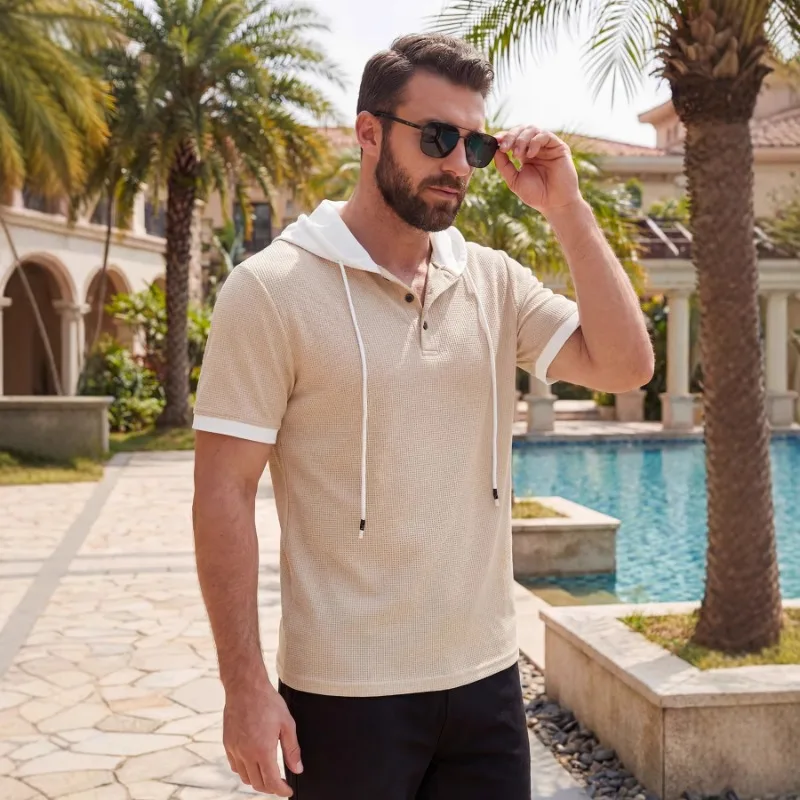 Men Waffle Knit Hooded Polo T Shirt Summer Color Block Drawstring Button Short Sleeve Casual Top