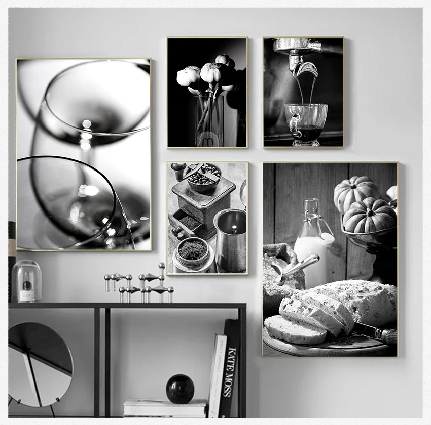 Food Canvas Print Wall Art Painting Picture Dining Room Restaurant Decoration Coffee Wine Bread Kitchen Poster Black White Drink