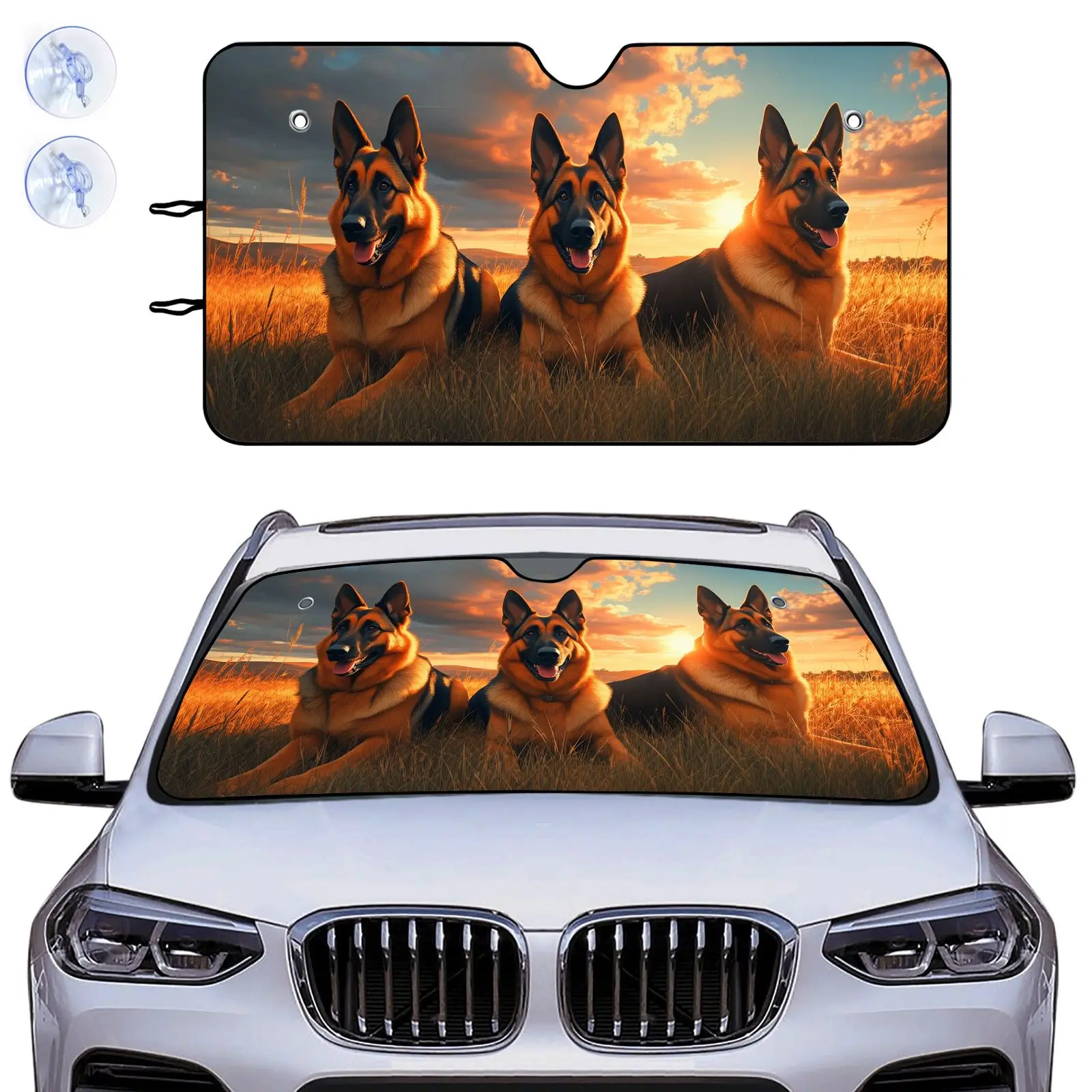 Universal Black German Shepherd Dogs In Field At Sunset Car Windshield Sun Shade | Aluminum Material, Universally Applicable, An