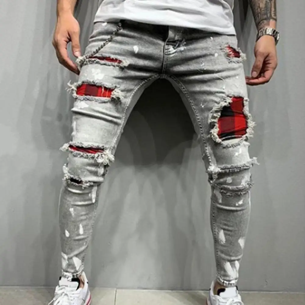 Men Painted Stretch Skinny Jeans Slim Fit Ripped Distressed Pleated Knee Patch Denim Pants Brand Casual Trousers For Masculina